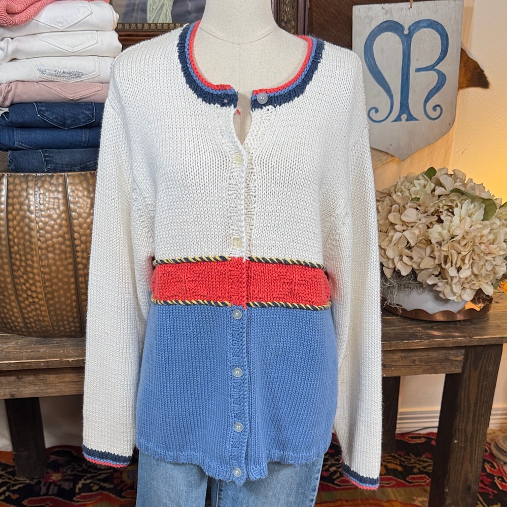 Vintage Jantzen 80s White Red and Blue Women's Cardigan
